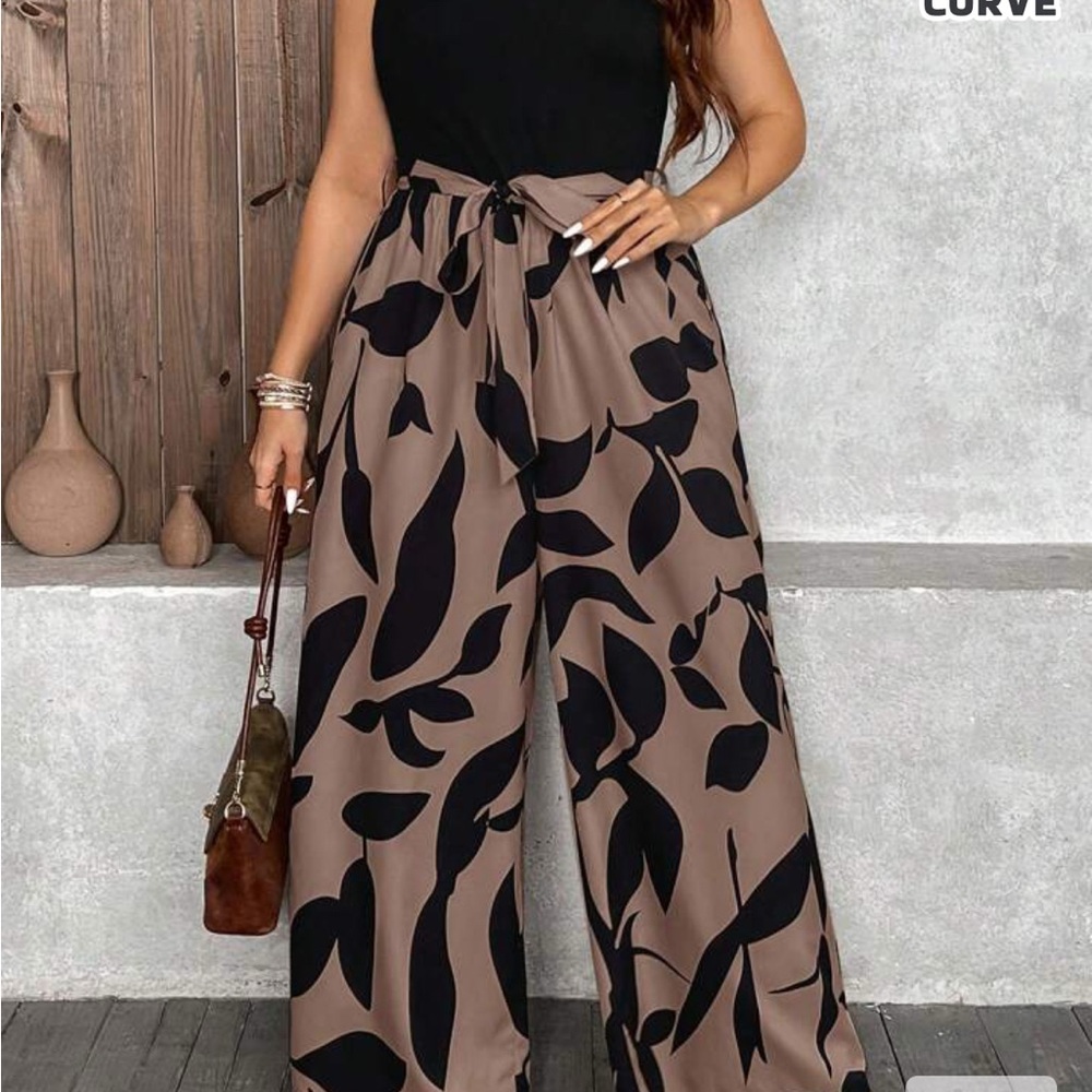 SHEIN Black and Brown Wide Leg Jumpsuit with Abstract Print
